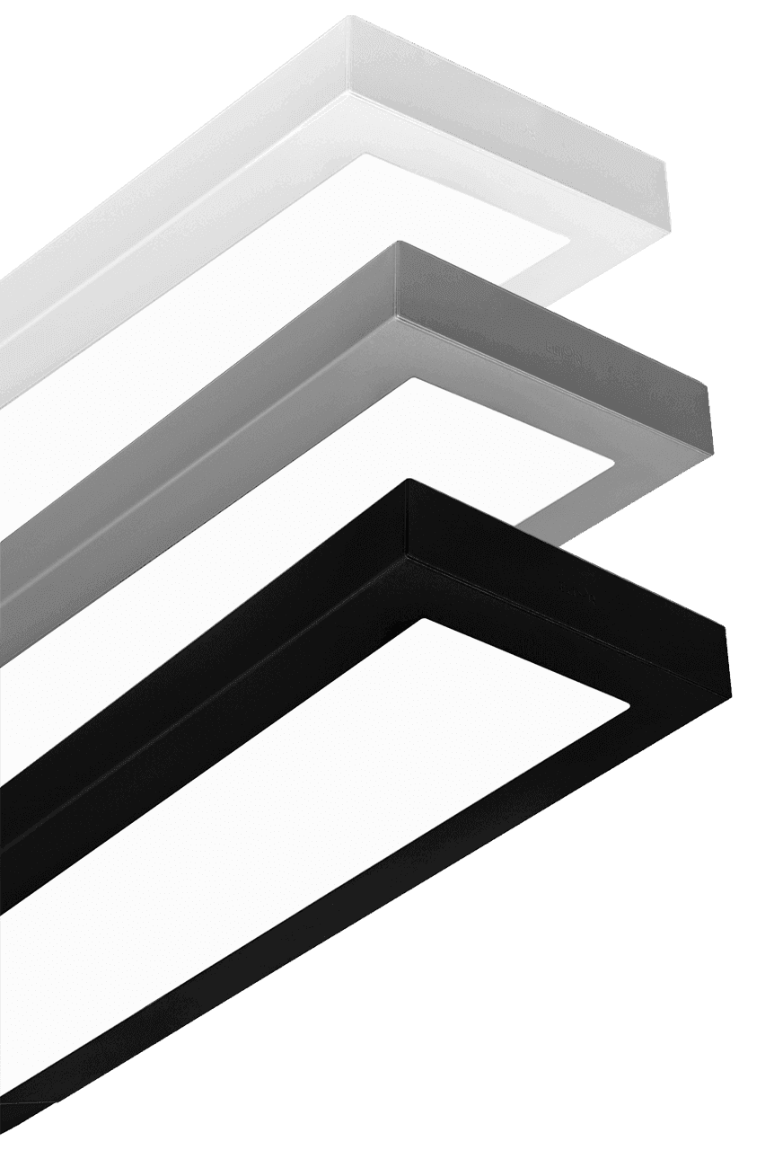 Float Prima – Available in white, grey, and black. Suspended or surface-mounted.