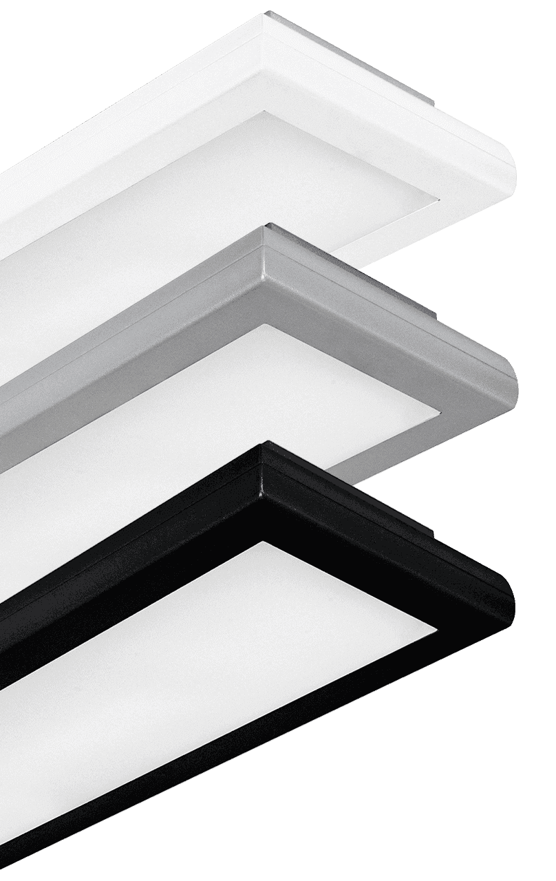 Float Stela – Available in white, grey, and black. Suspended or surface-mounted.